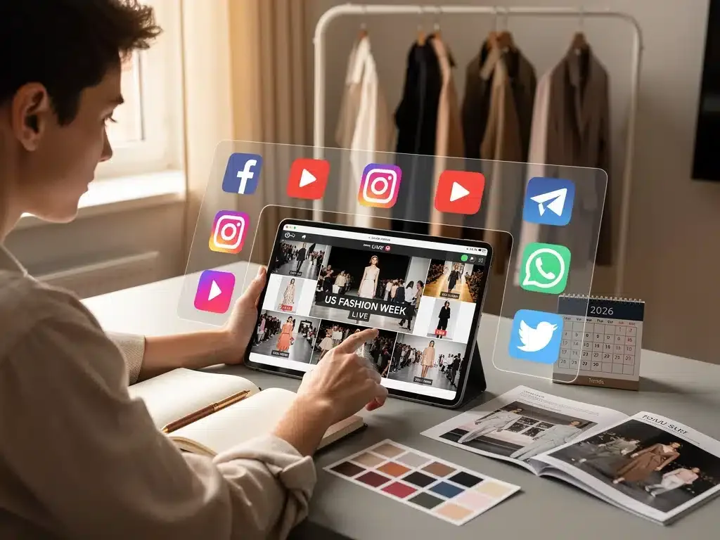 Person watching live fashion event streams for wardrobe inspiration
