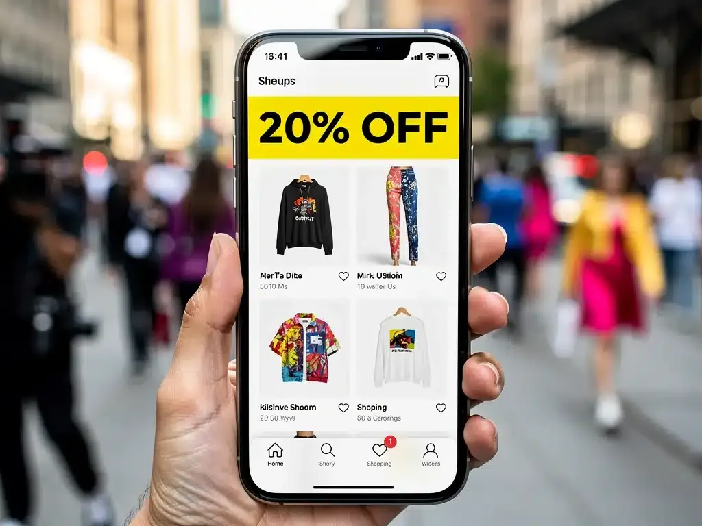 Smartphone screen showing a 20% discount on a fashion shopping app during a US fashion event.