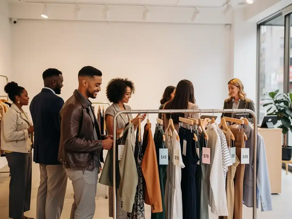 Fashion-conscious shoppers browsing discounted clothing at a pop-up store, reflecting emerging styles.