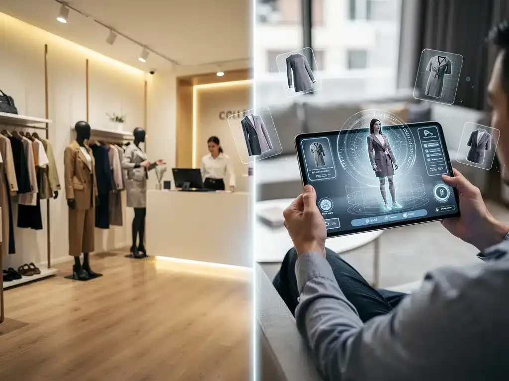 Phygital retail experience blending physical store with augmented reality fashion shopping.