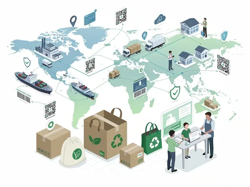 Global supply chain graphic with sustainable packaging and digital tracking for ethical fashion.