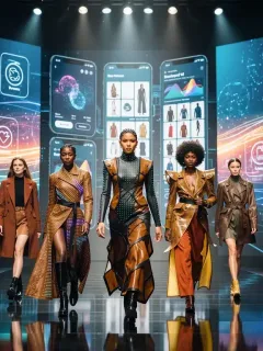 Futuristic fashion show runway with digital projections, symbolizing shifts in US fashion online retail for Fall 2026.
