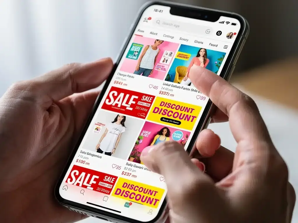 Smartphone displaying online fashion sales, e-commerce discounts, digital shopping deals