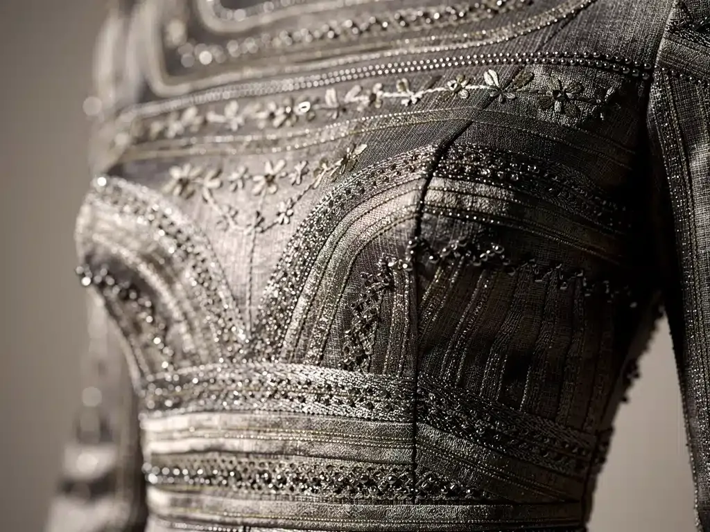 Detailed view of innovative textile patterns and embellishments from a 2026 fashion collection.