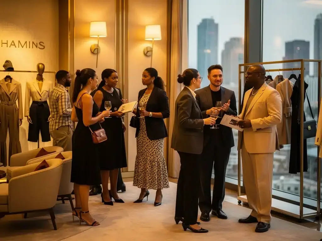 Fashion industry professionals networking and discussing trends at the January 2026 US Fashion Event.