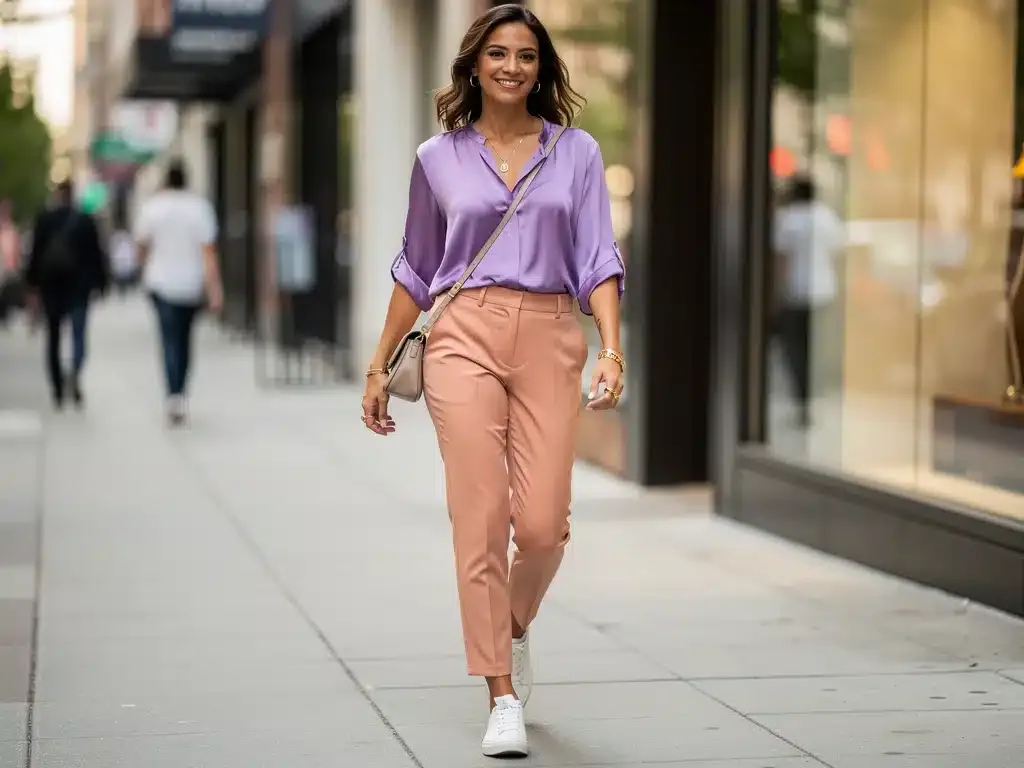Model wearing affordable Digital Lavender and Peach Fuzz urban outfit