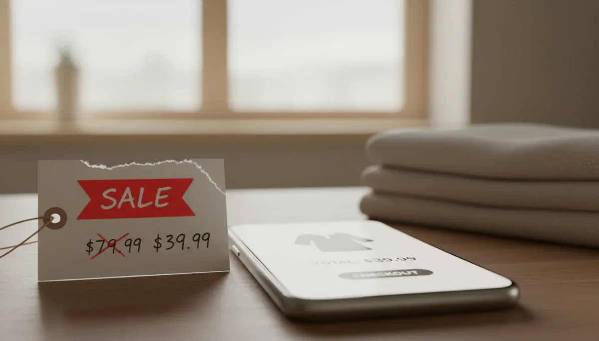 Sale tag and online retail order showing price drop