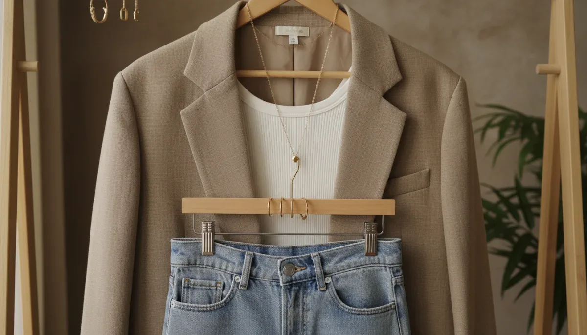 Budget-friendly oversized blazer street style clothing essentials laid out on a rack