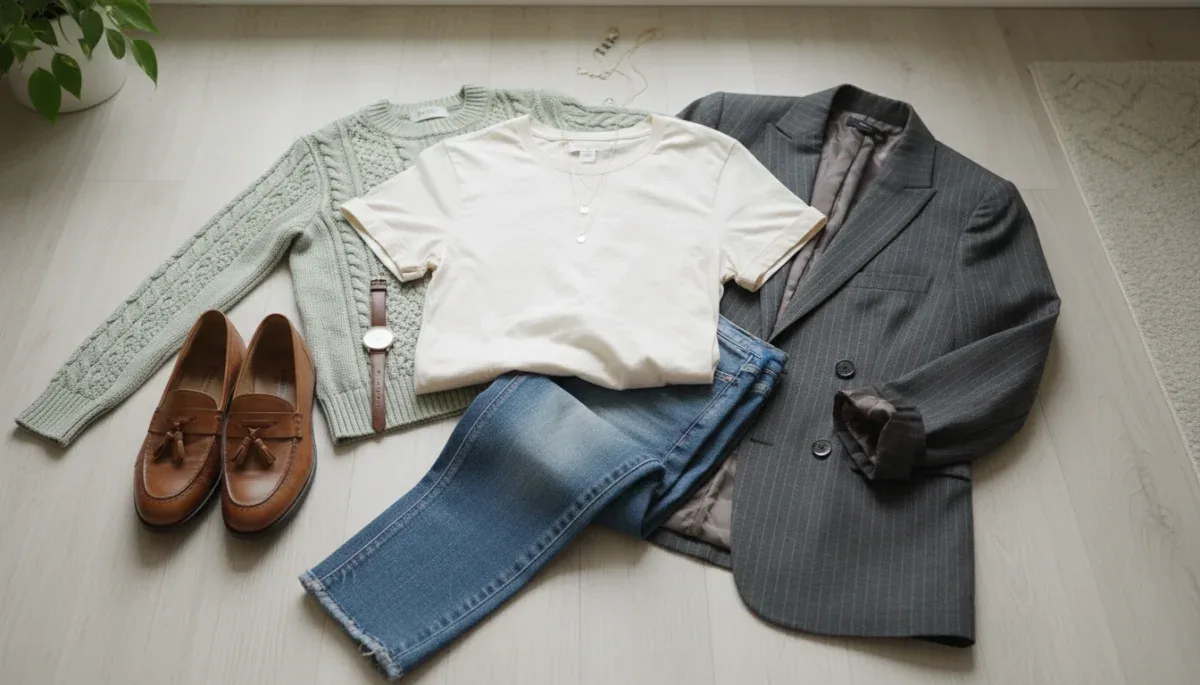 Flat lay of transitional clothing essentials including a blazer, t-shirt, jeans, and loafers