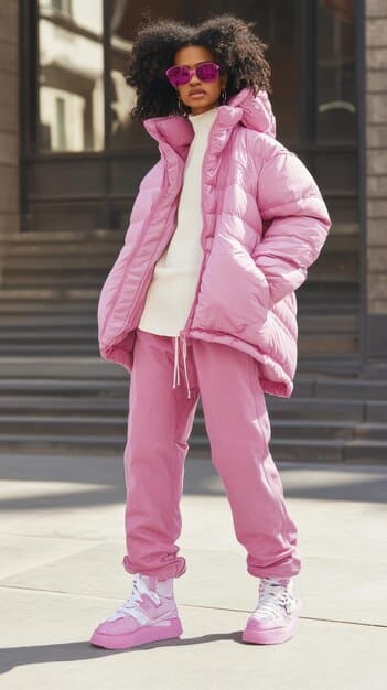 Rihanna wearing a bright pink oversized puffer jacket with jeans and heels, accessorized with statement jewelry and sunglasses.