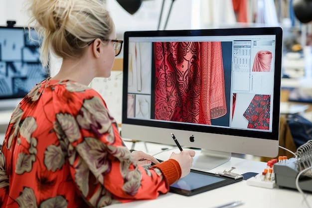 A fashion designer working in a digitally advanced studio, using software to design garments from sustainable fabrics. The studio is filled with high-tech equipment such as 3D printers, laser cutters, and interactive screens displaying fabric simulations and environmental impact data.