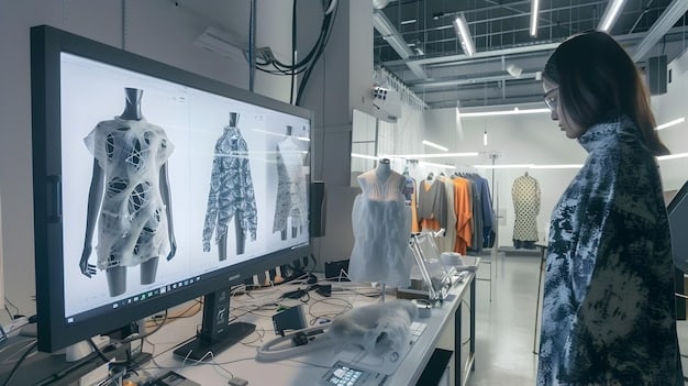 A high-tech fashion design studio with multiple screens showcasing digital design software, 3D modeling of clothes, and data analytics, symbolizing the integration of technology into modern fashion creation.