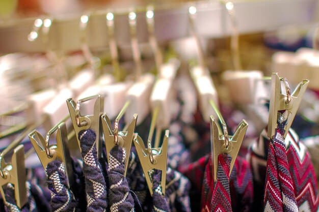 A close-up of a meticulously organized booth at a fashion trade show, featuring stylish clothing displays and engaging promotional materials, emphasizing brand identity.