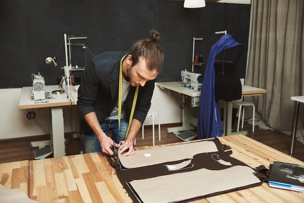 A student at the Fashion Institute of Technology (FIT) working on a complex garment construction project in a well-equipped sewing lab.