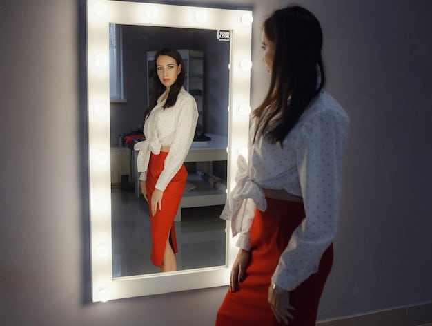 Shoppers interacting with a digital mirror that allows them to virtually try on different outfits. The scene is set in a modern, minimalist boutique with soft lighting and sleek displays.