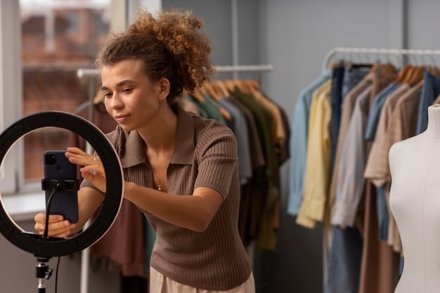 A fashion influencer is creating content for a US fashion brand. The influencer is using a professional camera setup and lighting, and is surrounded by clothing and accessories from the brand's latest collection. The scene captures the behind-the-scenes effort involved in creating engaging fashion content.
