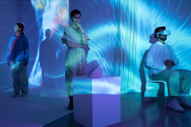Attendees participating in an interactive fashion installation at an event, showcasing the blend of technology and fashion. The installation features dynamic lighting and sensory elements, creating a memorable experience.