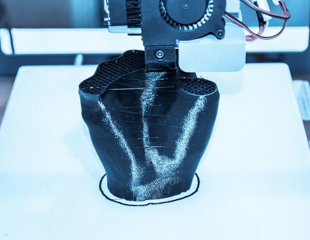 A close-up of a 3D printer creating a complex fabric design in a US-based textile lab.