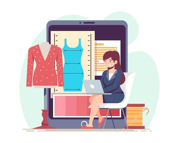 An illustration of a person planning outfits on a tablet, surrounded by sketches of clothing items, highlighting the importance of planning for a capsule wardrobe.