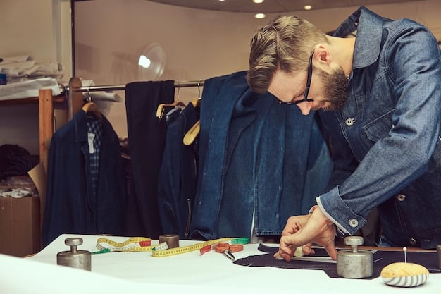 A shopper carefully inspecting the seams and stitching on a designer jacket inside an outlet store, highlighting the importance of quality assessment.