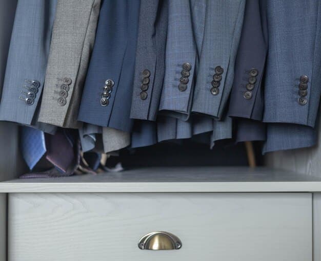 A neatly organized closet with versatile pieces like blazers, comfortable tops, and stylish trousers, all within a neutral color palette.