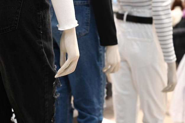 Three different outfit combinations displayed on mannequins, each representing a different occasion: casual (jeans, t-shirt, denim jacket), business casual (chinos, button-down shirt, blazer), and evening (dress, cardigan, statement necklace).
