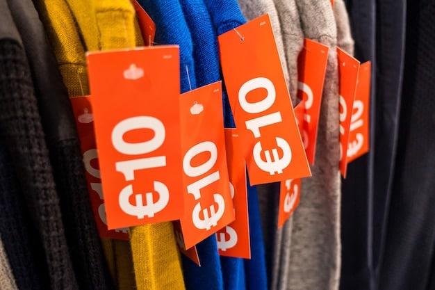 A close-up image of a sale rack in a clothing store, focusing on the price tags that show significant discounts. The background is blurred, highlighting the low prices as the main attraction.