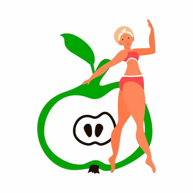 A series of illustrations showing different body types (pear, apple, hourglass, rectangle) with corresponding swimwear styles that flatter each shape. The illustrations highlight key features and design elements.