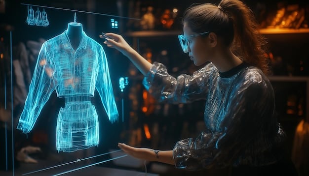 A futuristic image of a digitally rendered garment being designed on a screen. The background shows a seamless integration of data visualizations representing the garment's material sourcing, carbon footprint, and supply chain logistics. The overall aesthetic is high-tech, clean, and indicative of technology-driven sustainable fashion.