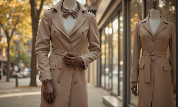 Three diverse professional outfits displayed on mannequins: the first features a long trench coat over a button-down shirt and tailored trousers, the second a midi skirt paired with a cozy knit sweater, and the third a blazer over a silk blouse and culottes.