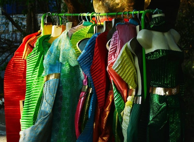 A close-up shot of a rack filled with colorful vintage dresses in a boutique, highlighting the variety of styles, fabrics, and patterns available. Soft, diffused lighting enhances the texture and detail of the garments.