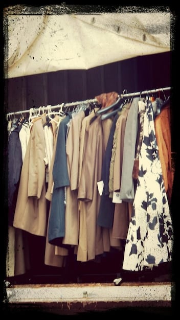 A well-organized vintage wardrobe, showcasing a variety of clothing items such as dresses, skirts, blouses, and jackets. The wardrobe is neatly arranged by color and style, creating a visually appealing and functional storage space for vintage clothing.