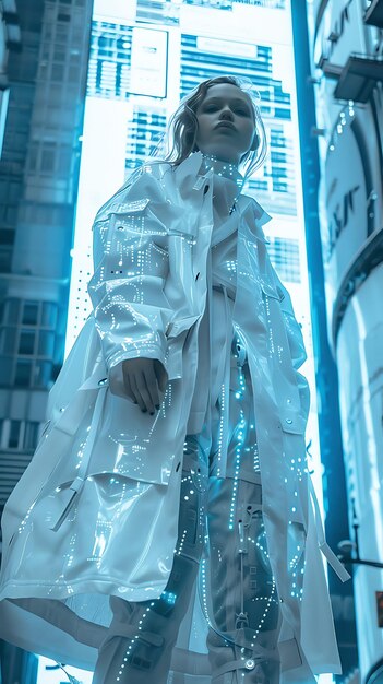 A sleek, modern digital fashion presentation projected onto a building during NYFW 2025, showcasing AI-generated patterns and virtual models.