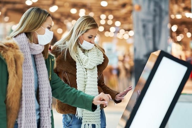 Shoppers interacting with a holographic display in a high-tech retail store in NYC, showcasing new collections from NYFW 2025.