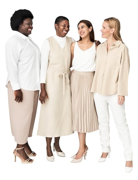 A diverse group of people, each wearing an outfit that subtly incorporates one or more of the Fall 2025 color trends (Ember Glow, Forest Sanctuary, Twilight Indigo, Whisper Taupe, Midnight Plum), showcasing flattering fits across various body types in a modern, urban setting.