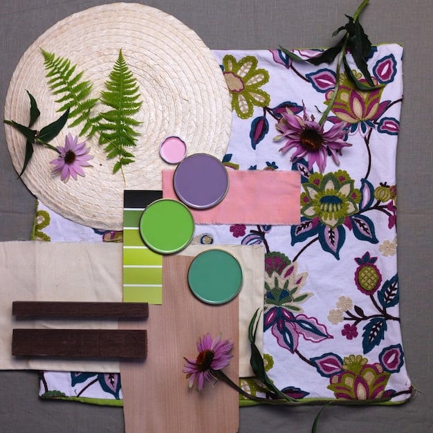 A mood board or collage showcasing various Spring 2025 fashion trends: swatches of eco-friendly fabrics, sketches of relaxed yet tailored silhouettes, and images of sustainable fashion practices like repair and upcycling.