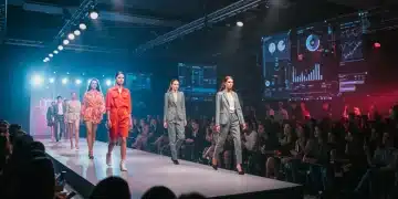 Futuristic fashion event with data overlays representing strategic budget allocation for ROI