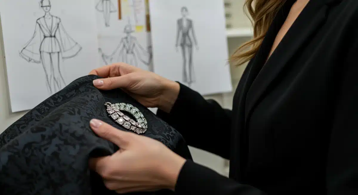 Woman selecting affordable fabric for a red carpet gown, a smart shopping strategy.