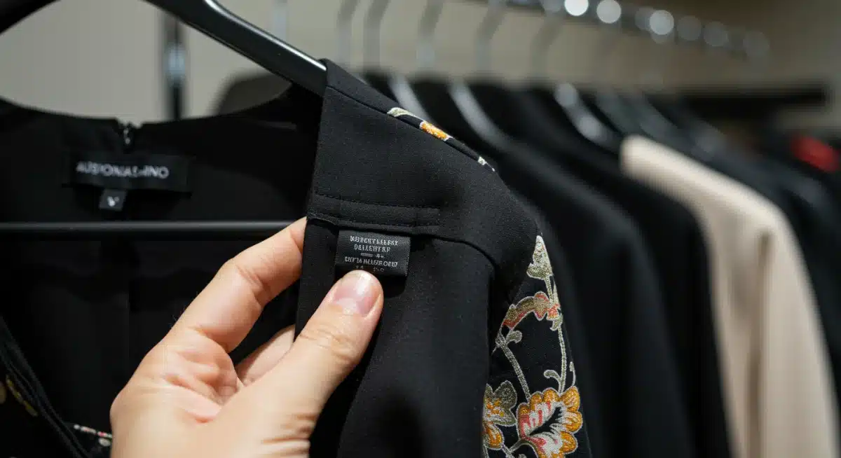 Hand inspecting authentic designer dress label and stitching for quality assurance.