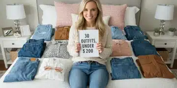Woman planning a capsule wardrobe with 15 pieces for 30 outfits under $200