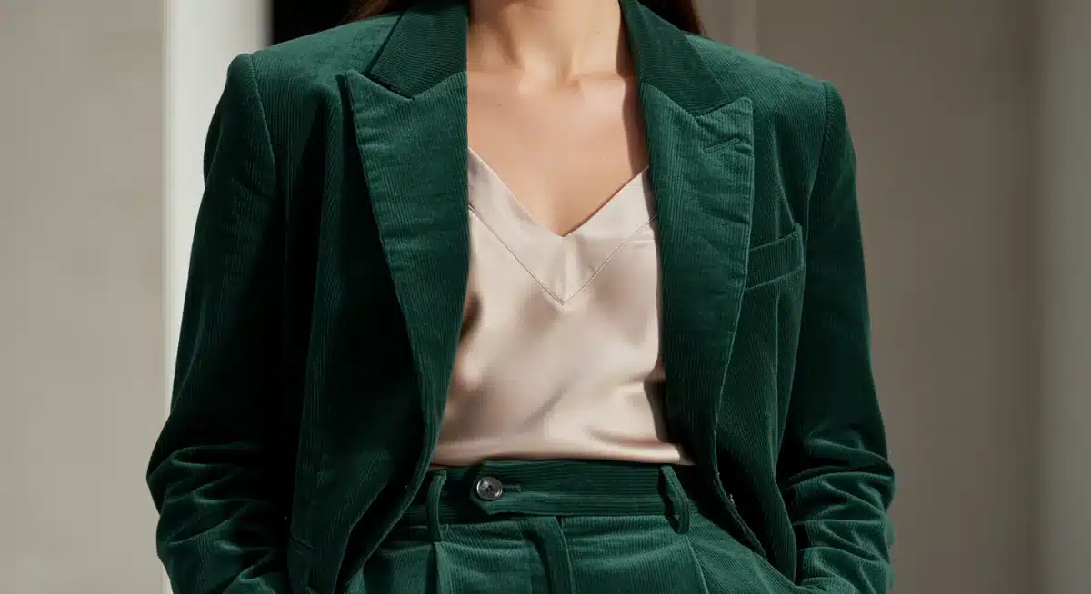 Corduroy blazer with silk camisole and tailored trousers