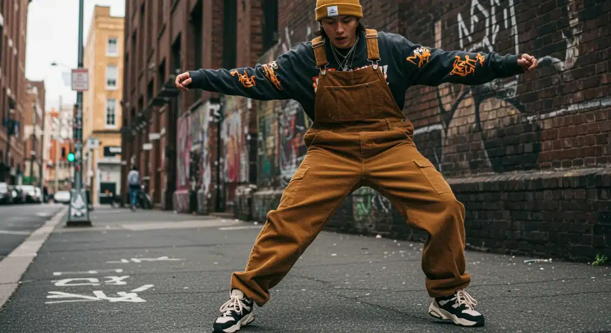 Oversized corduroy overalls with streetwear accessories