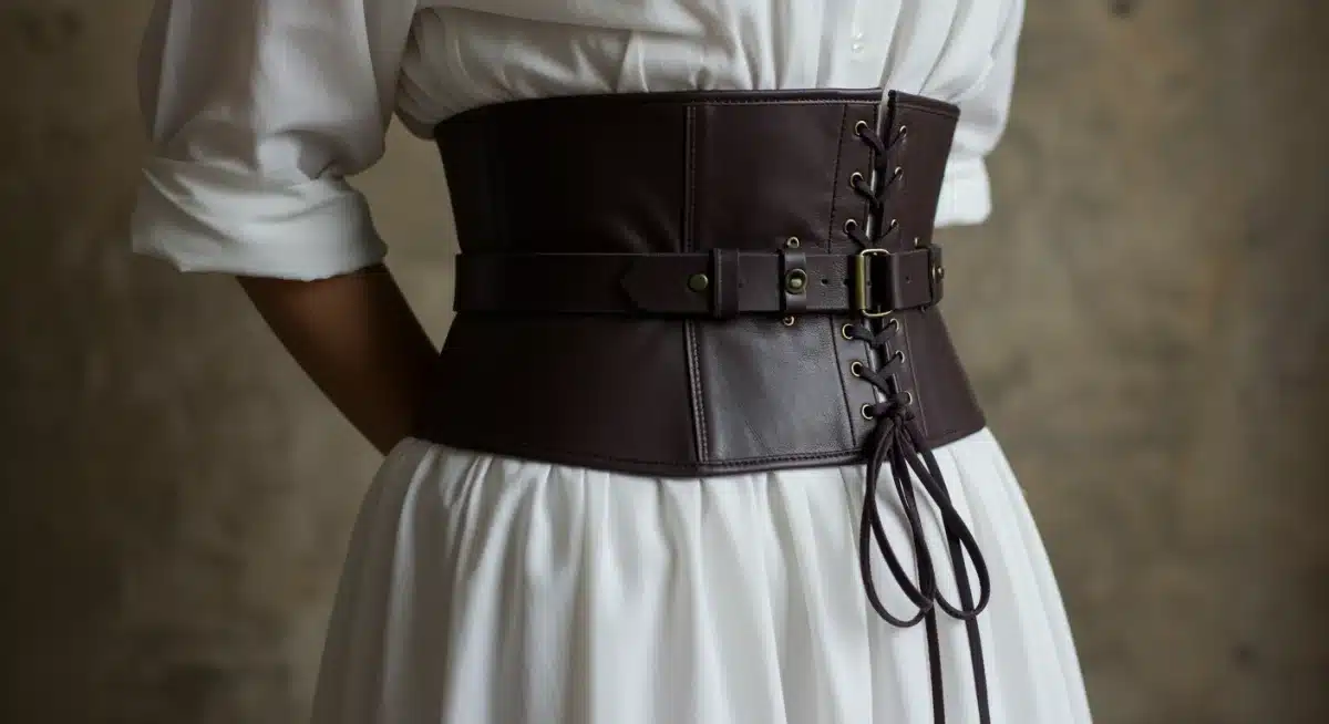 Close-up of a dark leather corset belt cinching a white dress, showcasing intricate details.