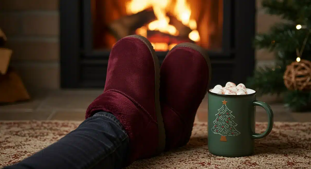 Cozy slipper boots by a fireplace for holiday comfort