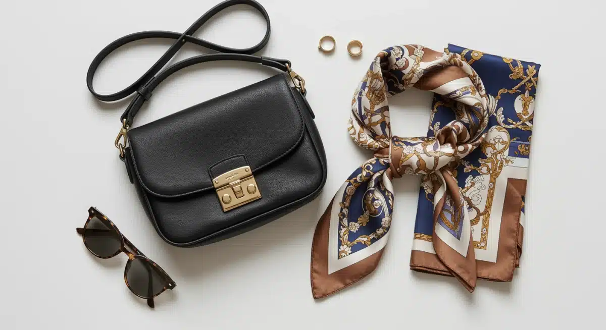 Stylish crossbody bag, patterned scarf, and classic sunglasses laid flat, affordable fashion