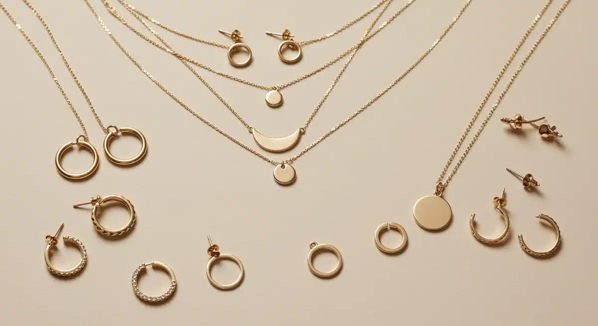 Close-up of delicate layered necklaces and hoop earrings, budget-friendly jewelry