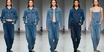 Models on a runway showcasing the latest denim jean styles dominating US fashion trends.