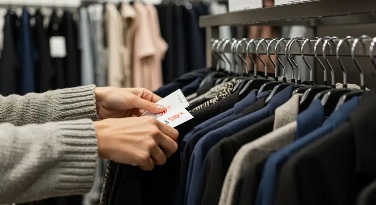 Hands browsing through discounted designer clothing racks at an outlet store.