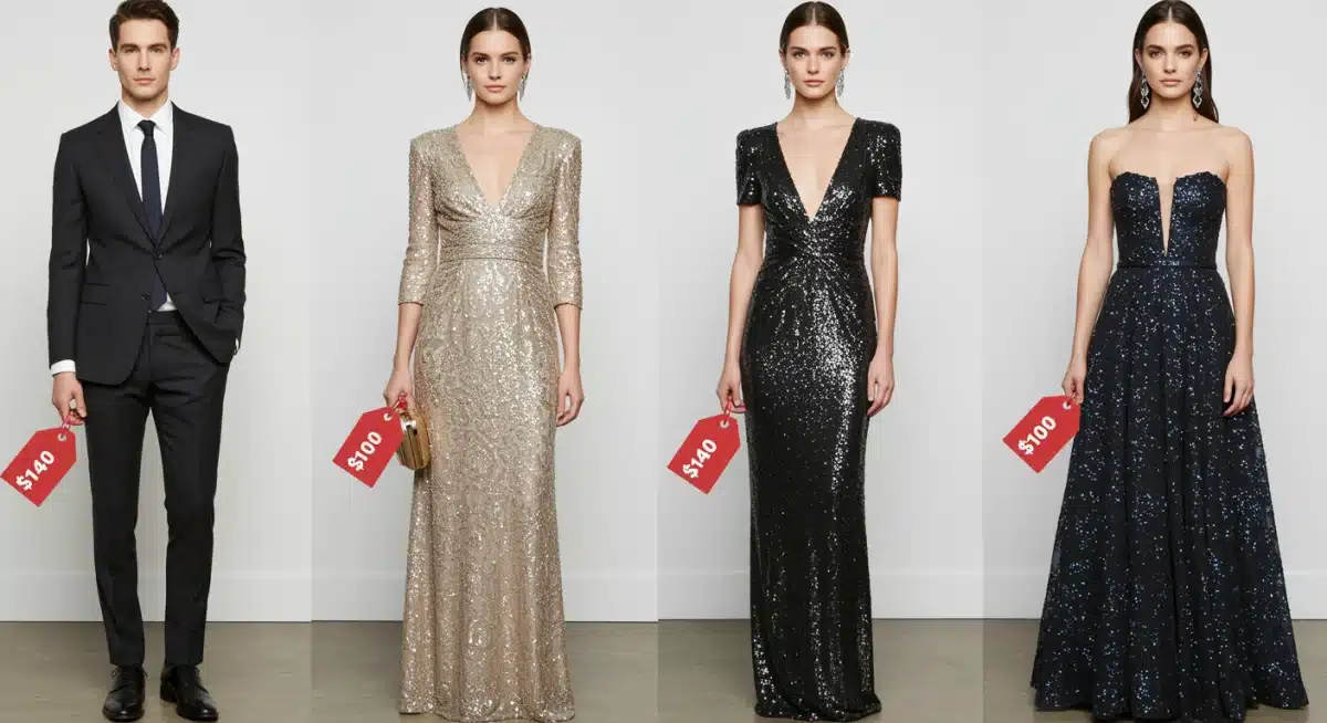 Collage of four diverse budget-friendly celebrity-inspired outfits.