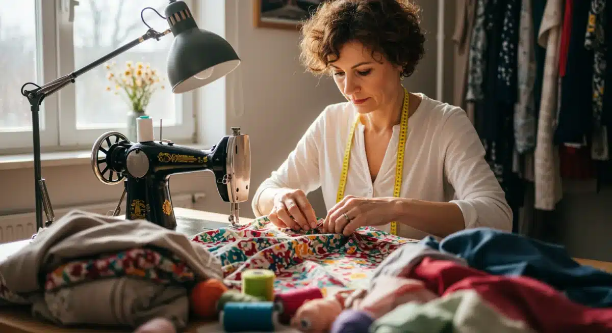 Person sewing clothes, demonstrating DIY fashion and mending techniques.